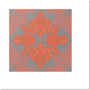 Burnt Orange, Coral & Grey doodle pattern Posters and Art